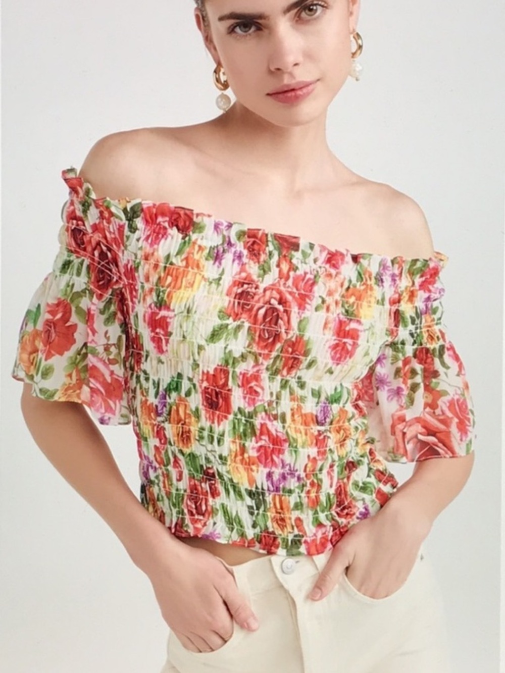 L’Agence Bexley Off Shoulder Smocked Top in White Multi Garden Floral S $260